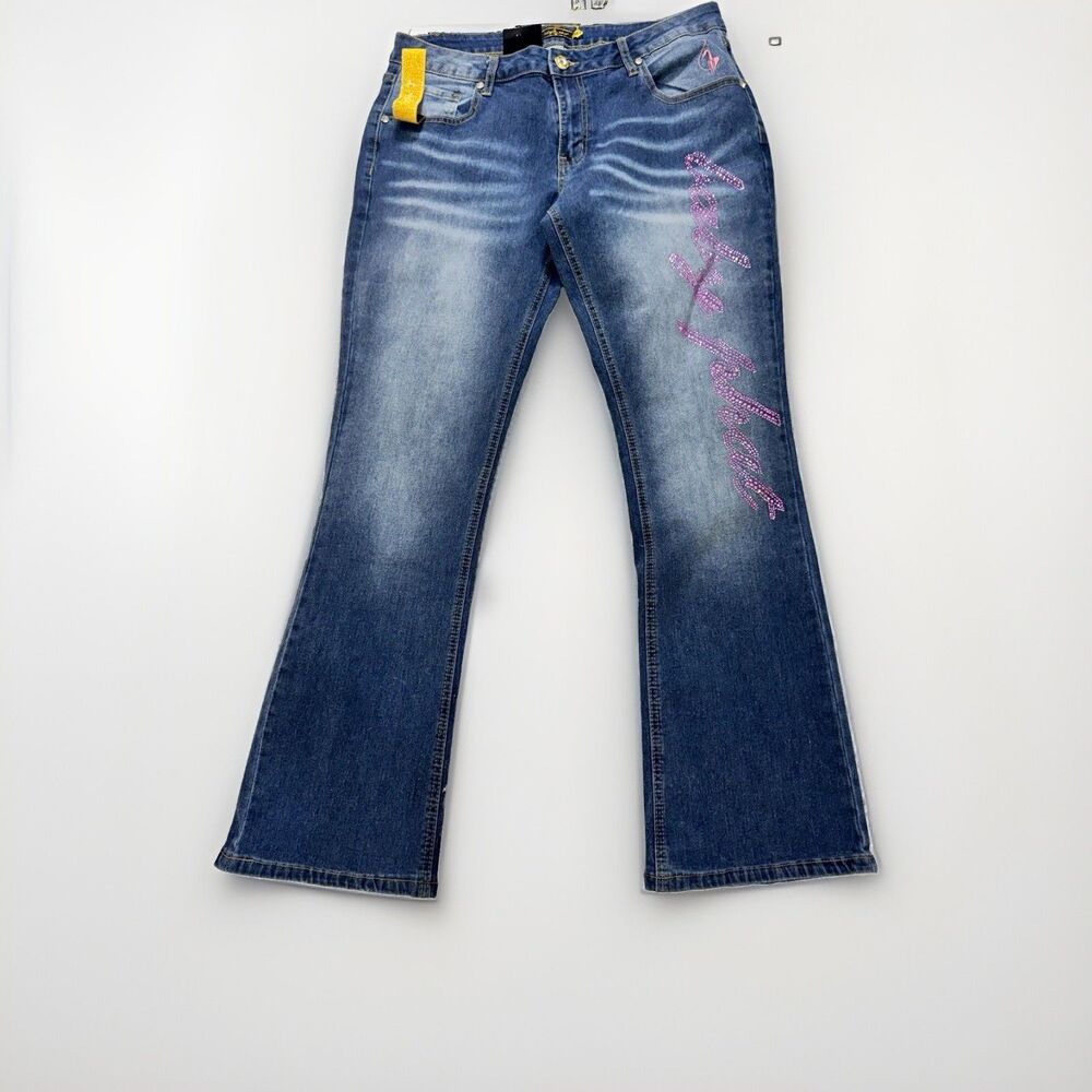 Y2K Baby Phat Womens Size 14 Blue Bootcut Denim Jeans Rhinestone Embroidered